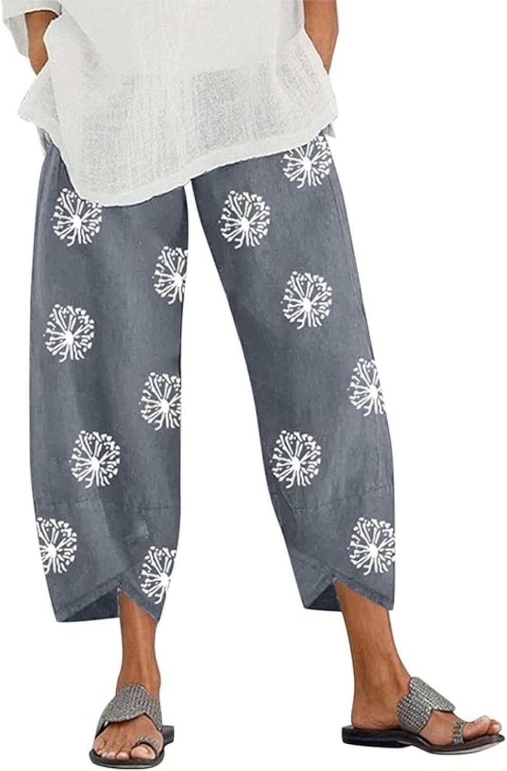 Linen Capri Pants for Womens Casual Cotton Cropped Elastic Waist Lounge Baggy Palazzo Trousers with Pockets