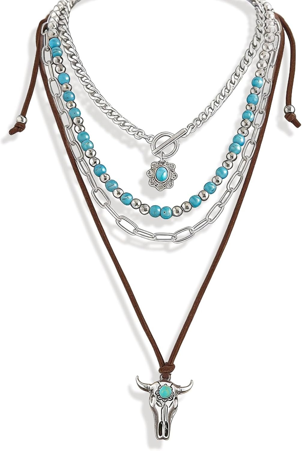 Western Necklaces Boho Layered Charm Necklace for Women Turquoise Beaded Choker Ox-head Pendant Necklace Western Jewelry for Women Cowgirl Accessories