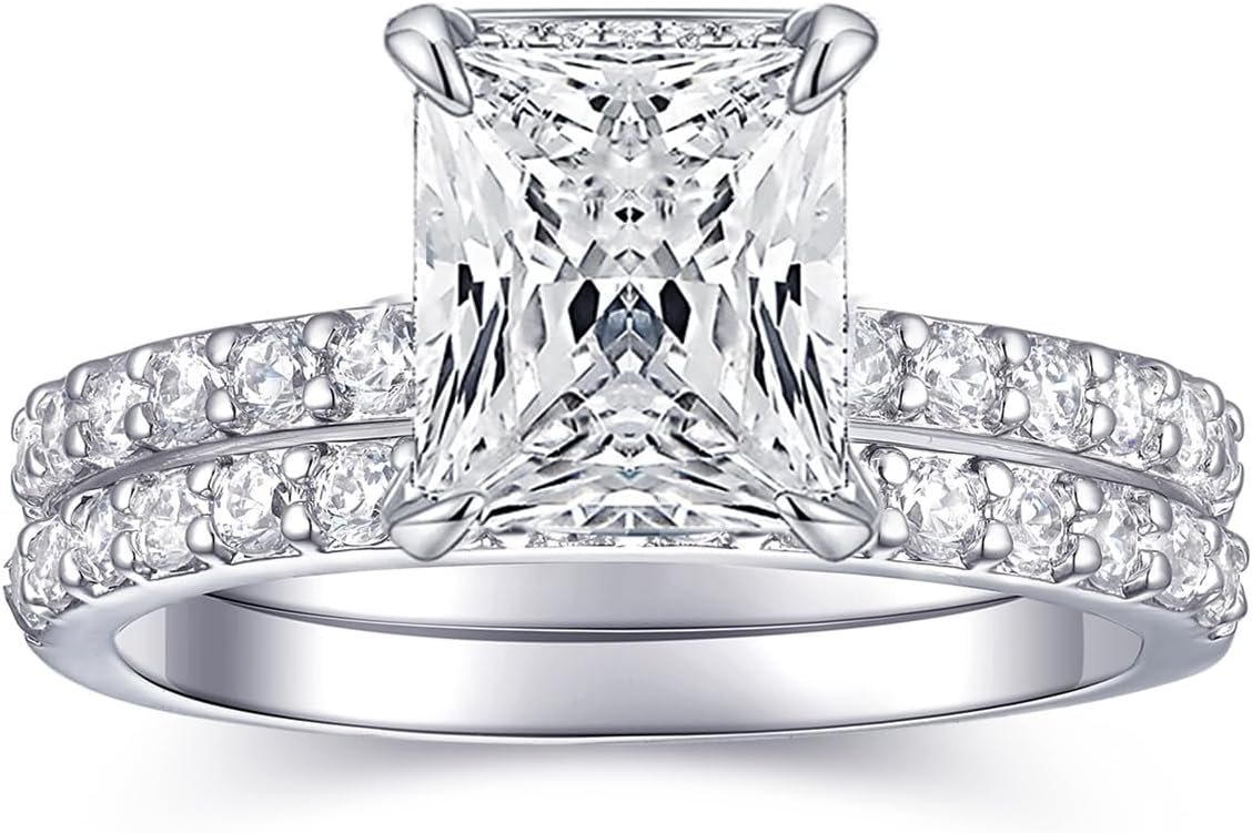 2 CT Radiant Cut Engagement Travel Rings Set for Women 18K White Gold Plated Fake Wedding Ring Band Promise Rings for Her, Cubic Zicornia Ring 2 PCS, Size 4-11