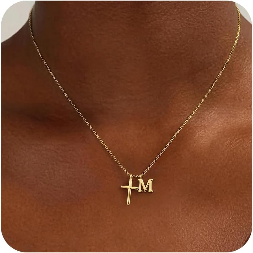 Cross Initial Necklace for Women, 14K Gold Plated Dainty Cross & Letter(A-Z) Pendant Necklace, Personalized Monogram Letter Christian Jewelry,Baptism First Communion Confirmation Easter Gift