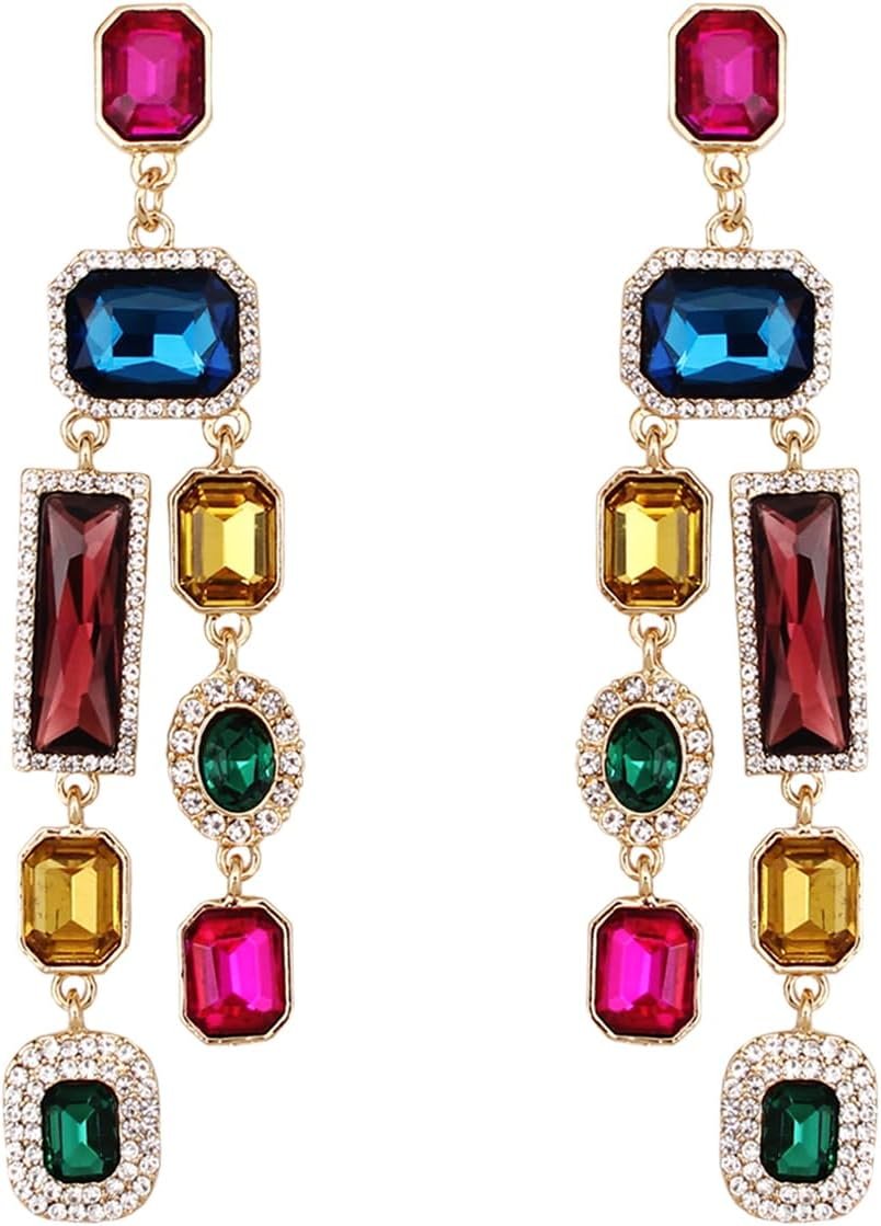 Vintage Rectangle Teardrop Chandelier Earrings, Art Deco Wedding Austrian Crystal Drop Dangle Earrings for Women Party Prom