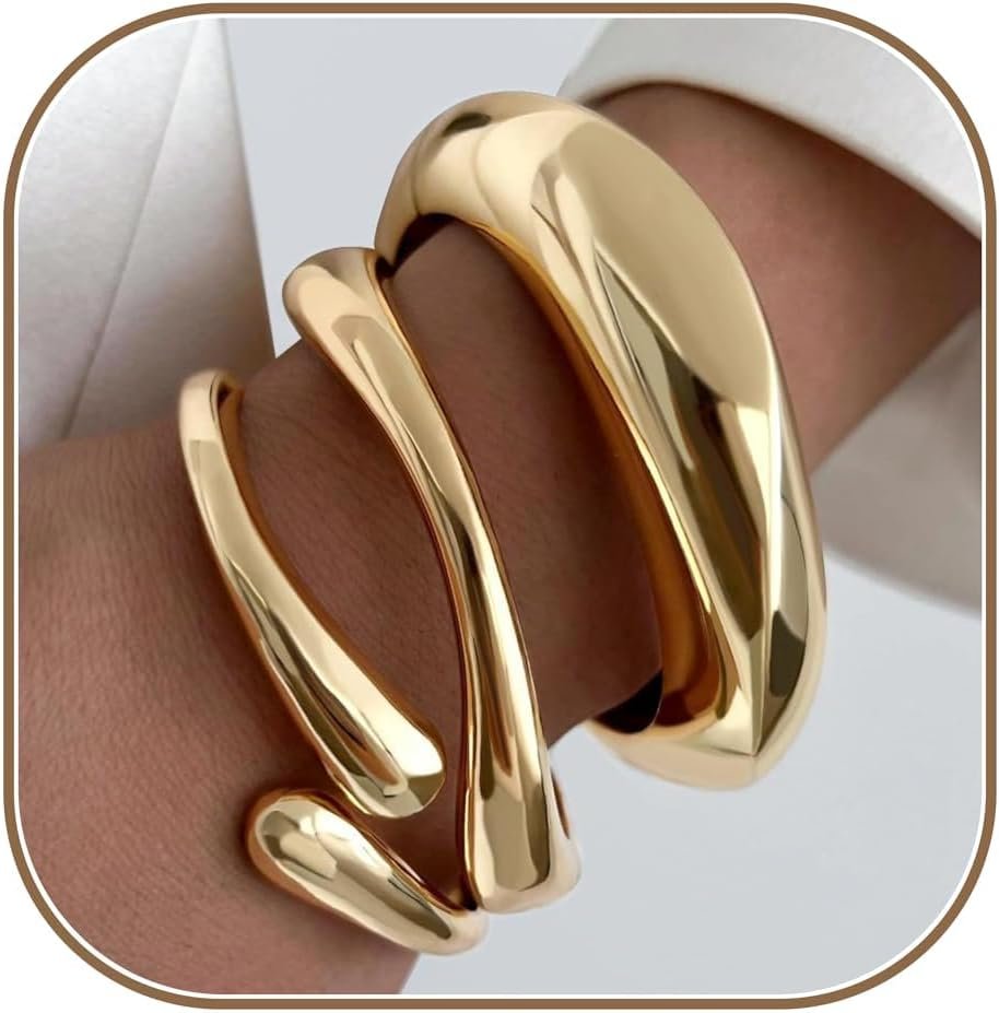 Chunky Gold Bangle Bracelets for Women, 14K Gold Plated Big Stackable Cuff Bracelet Set, Dainty Thick Dome Teardrop Bangles, Trendy Statement Jewelry Fashion Accessories