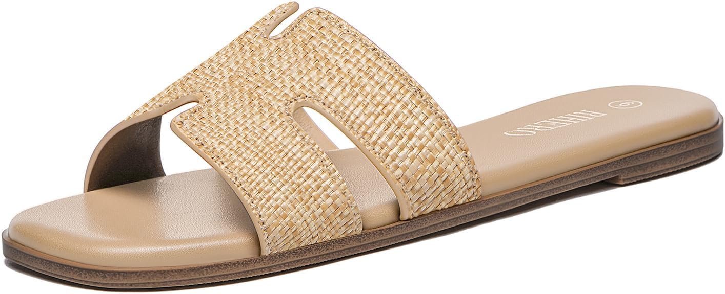 Rihero Women’s Dressy Flat Sandals Comfortable Slip On Leather Slide Sandals