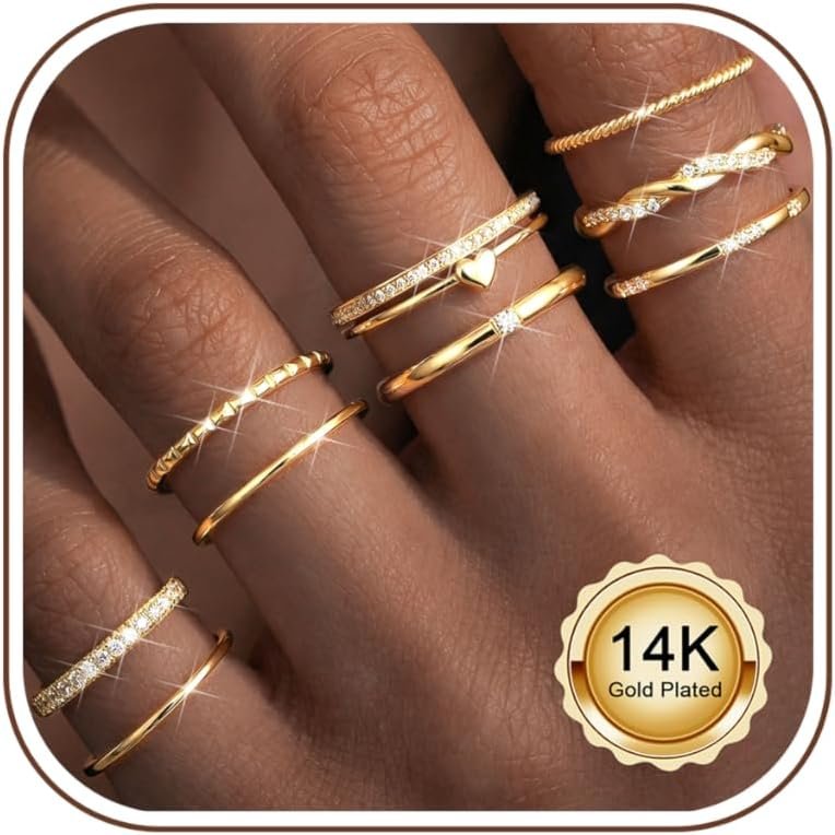 Thunaraz Gold Stackable Rings for Women Non Tarnish Open Adjustable 14K Gold Plated Rings Trendy Stack Cubic Zirconia Thin Thumb Ring Set Minimalist Dainty Statement Band Ring