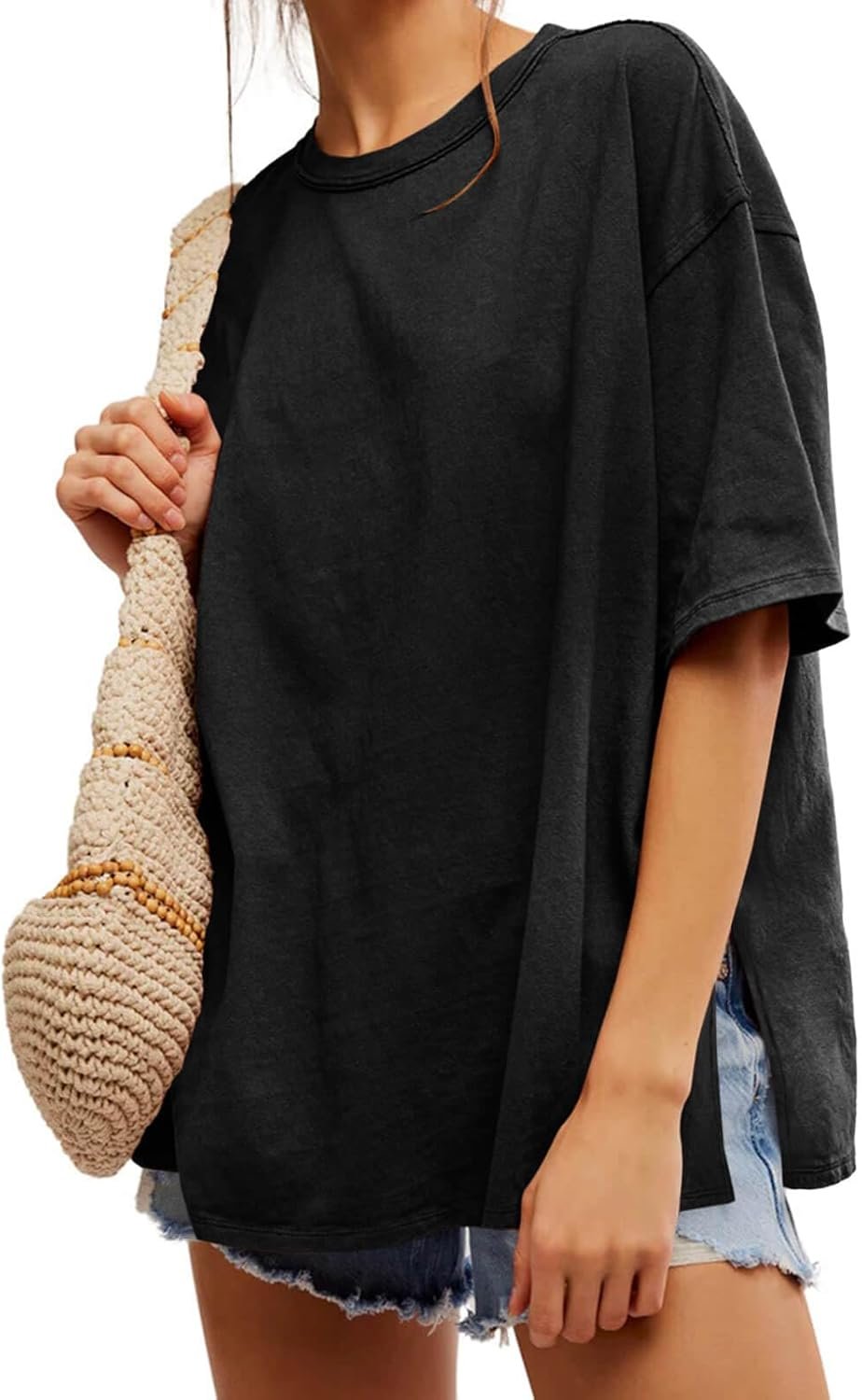 Tankaneo Womens Oversized Tshirts Summer Casual Short Sleeve Crew Neck T Shirt Loose Fit Side Slit Tee Tops