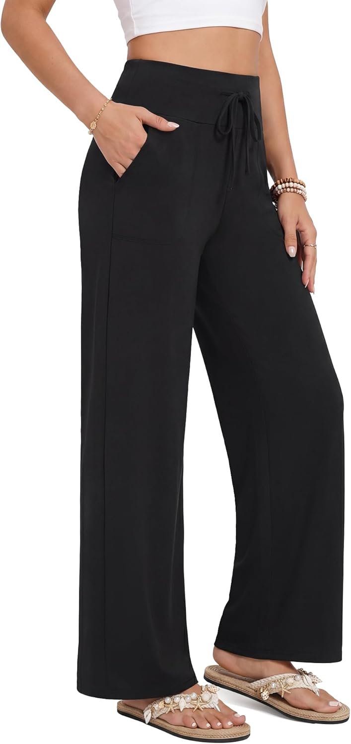 ZOOSIXX Capri Pants for Women – Wide Leg Loose Casual Trousers with Pockets Summer High Waisted Drawstring Pants
