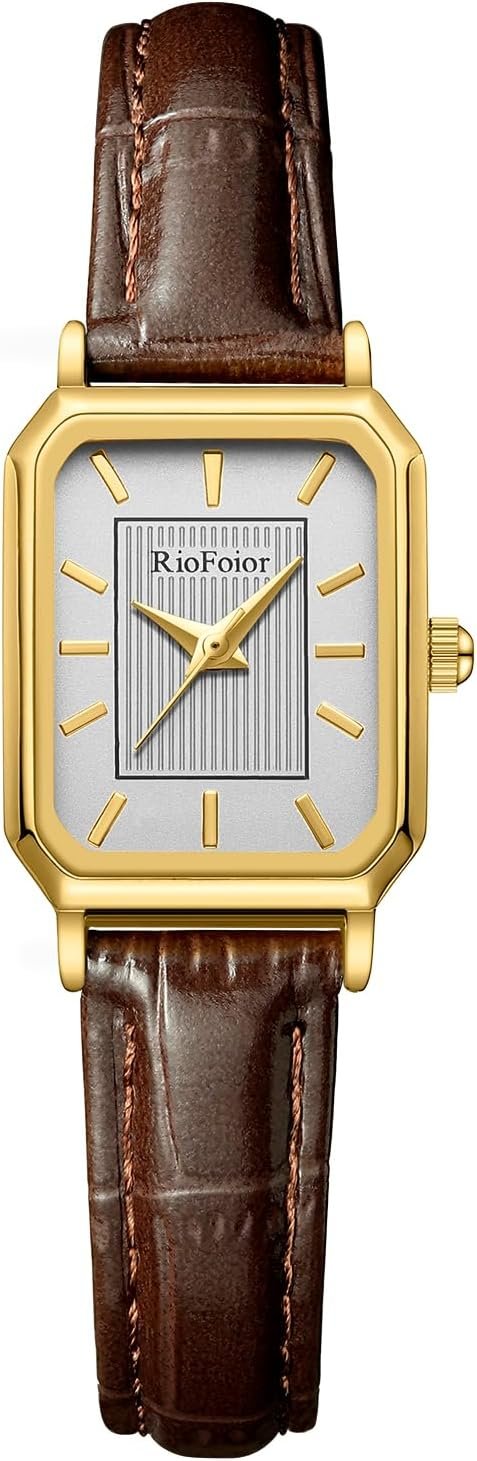 Gold Watches for Women-Rectangular Case Minimalist Dial,Comfortable Leather Strap,Water Resistant