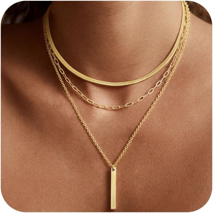 BERISO 14K Gold Plated Layered Necklace for Women, 3 Layer Dainty Gold Necklace with Minimalist Pendant, Elegant Everyday Gold Jewelry Gift