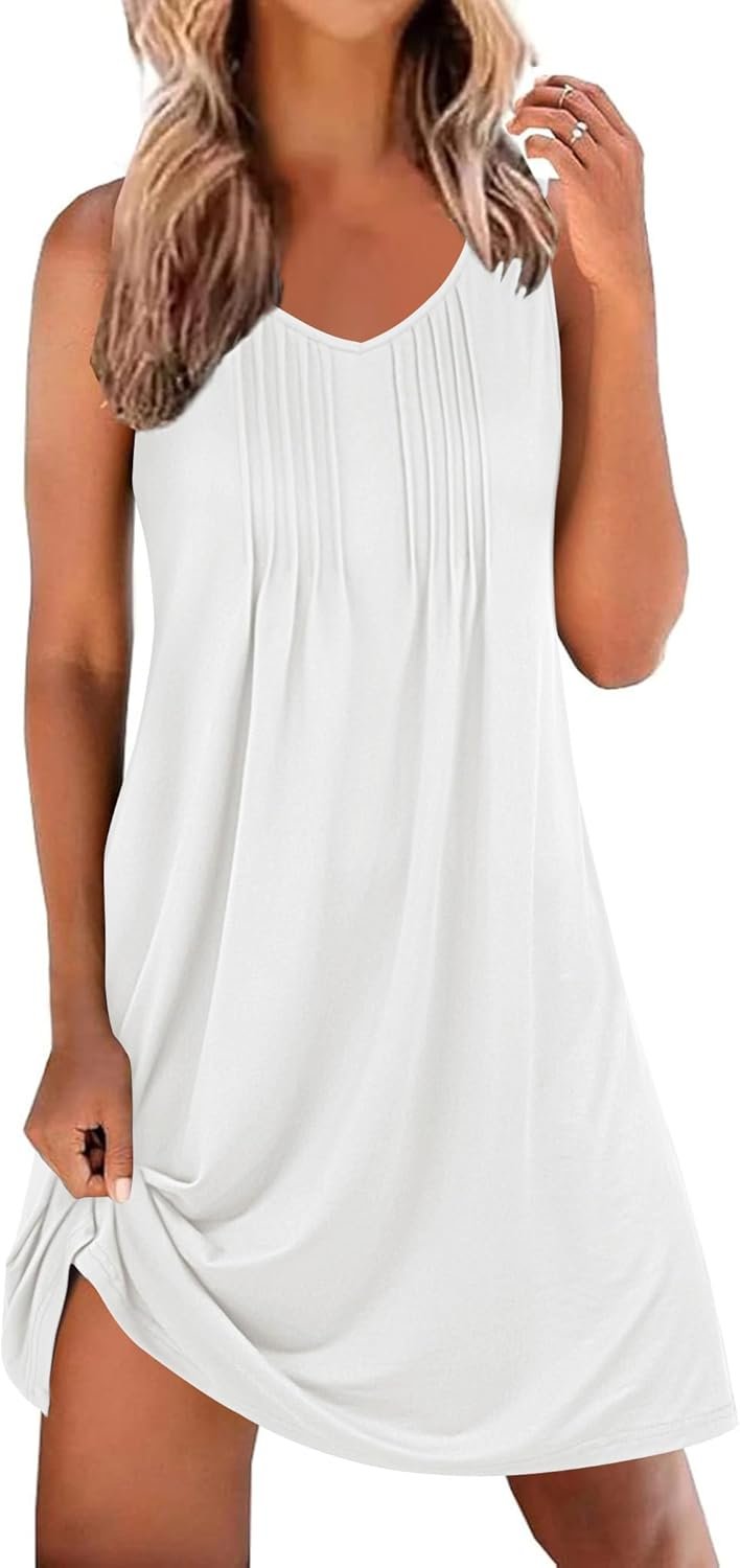 Ekouaer Cotton Nightgowns for Women Sleeveless Night Gown Tank Sleep Shirts Pleated Night Shirts V Neck Chemise White