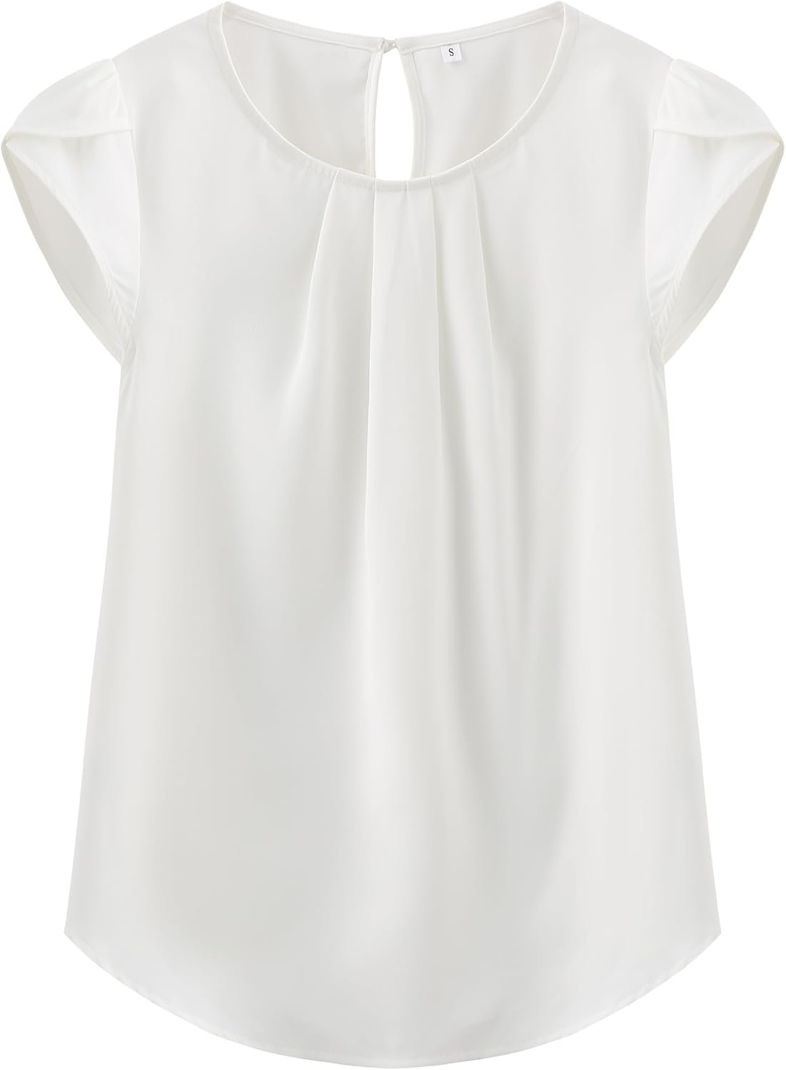 TASAMO Women’s Casual Round Neck Basic Pleated Top Cap Sleeve Curved Keyhole Back Chiffon Blouse