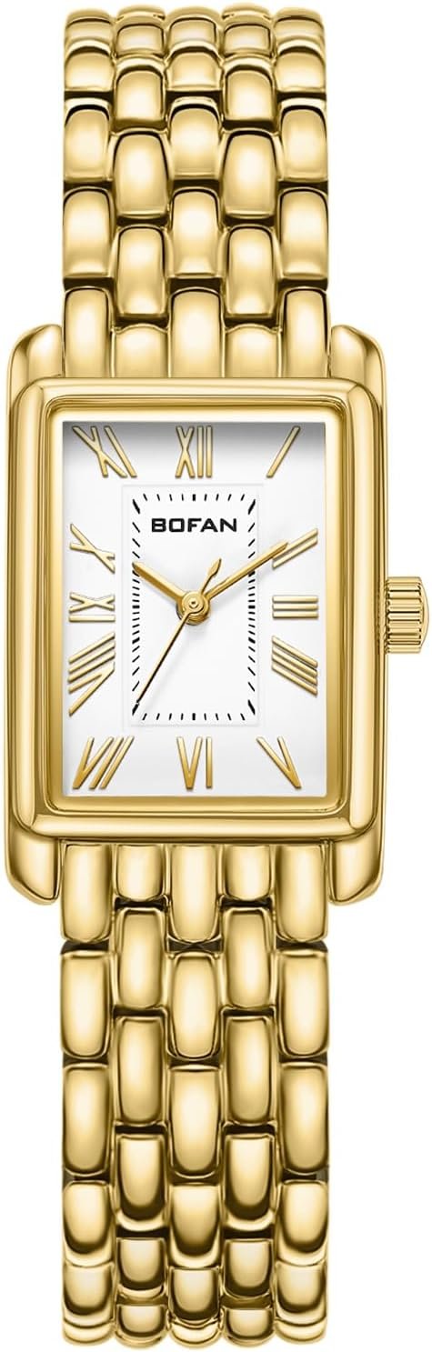BOFAN Gold Watches for Women with Vintage Bracelet, Rectangular Case Roman Dial,Adjustment Tool Included,Water Resistant