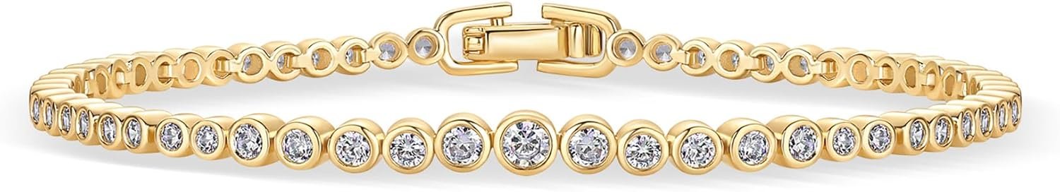 PAVOI 14K Gold Plated Tennis Bracelets for Women – Bezel Set Cubic Zirconia Bracelet – Simulated Diamonds Round, Trillion, Trinity, Radiant, Pear, Valentines Day Heart Cut Stones Wedding Jewelry Gifts for Brides