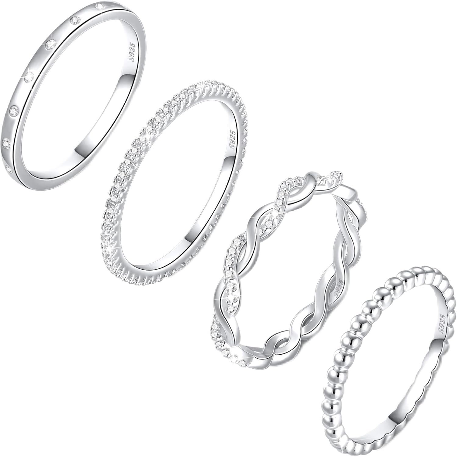 Sterling Silver Ring for Women, 4PCS Thin Stackable Rings Cubic Zirconia Thumb Ring Set Engagement Statement Wedding Bands for Women Size 5-10