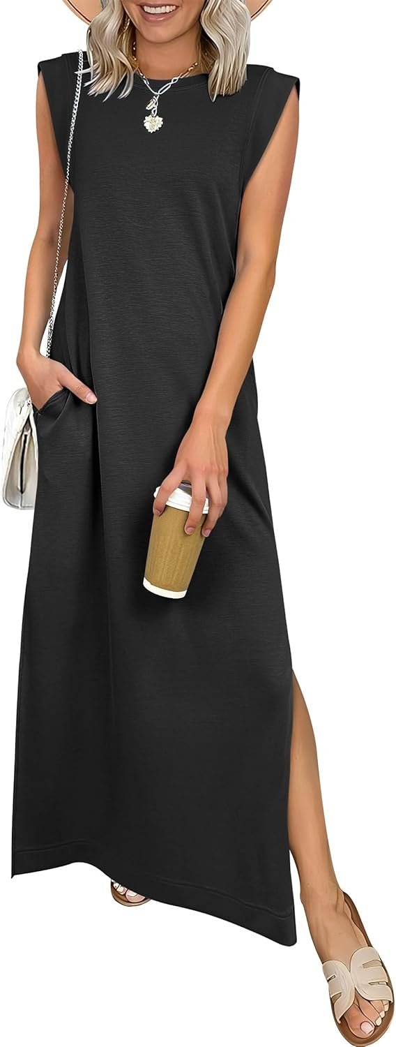 ANRABESS Women Summer Casual Sleeveless Maxi Dress 2026 Crewneck Loose Split Wrinkle-Free Beach Travel Vacation Long Sundress