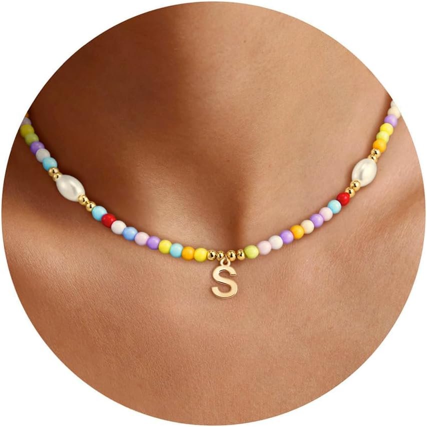 Eaciy Colorful Initial Necklace for Girls Kids Women, Handmade 14K Gold Plated Colorful Initial A-Z Letter Necklace Teen Girls Gifts Trendy Stuff Birthday Gifts for 5 6 7 8 9 10 11 Year Old Girl Gift