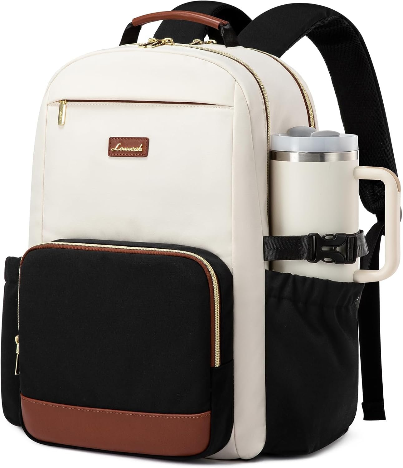 LOVEVOOK Laptop Backpack for Women with Pouch Pocket for Large Capacity Cup,15.6 Inch Laptop Computer Bag Travel Backpack Purse,Waterproof Work Business Backpack College Teacher Bags,Beige-Black-Brown