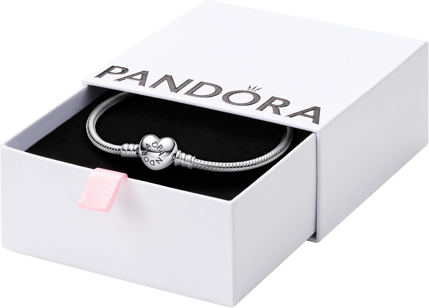 PANDORA Heart Clasp Snake Chain Bracelet – Heart Clasp – Romantic Jewelry for Her with Gift Box – Compatible Moments Charms – Sterling Silver – 9″
