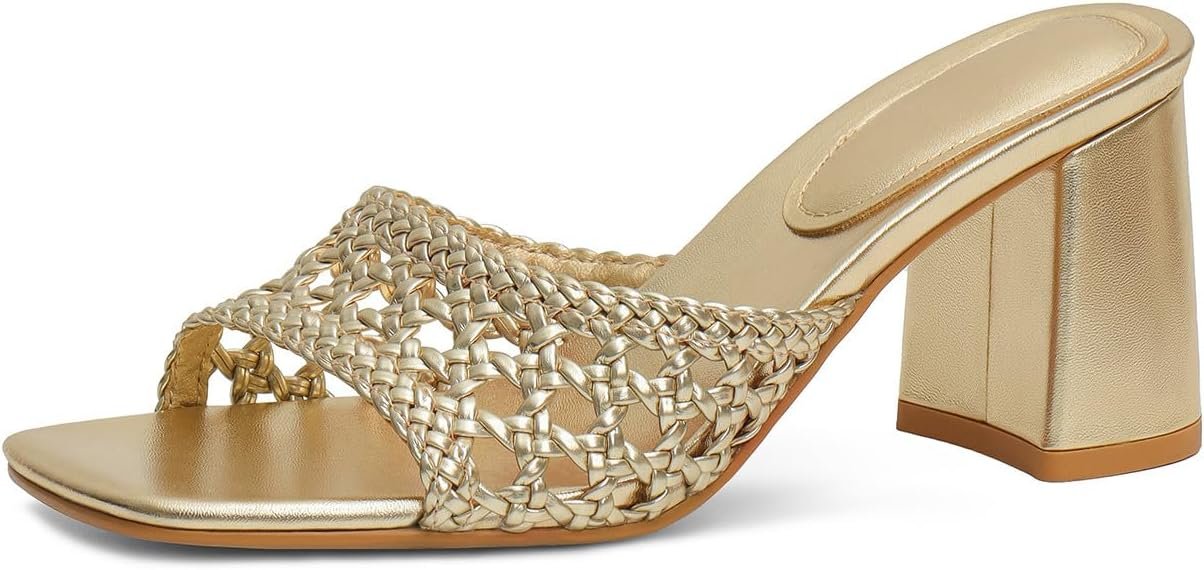 Women’s Heeled Sandals Mesh Mules Square Open Toe Block Chunky Heel Slip On Slide Sandals Comfy Dressy Summer Party Shoes