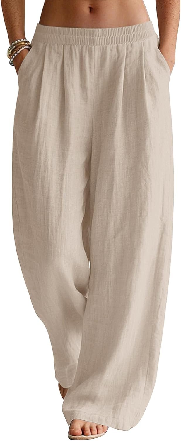LOMON Linen Pants Women Wide Leg Palazzo Summer Flowy Pants Beach Vacation Clothes Elastic Waist Travel Trousers with Pockets