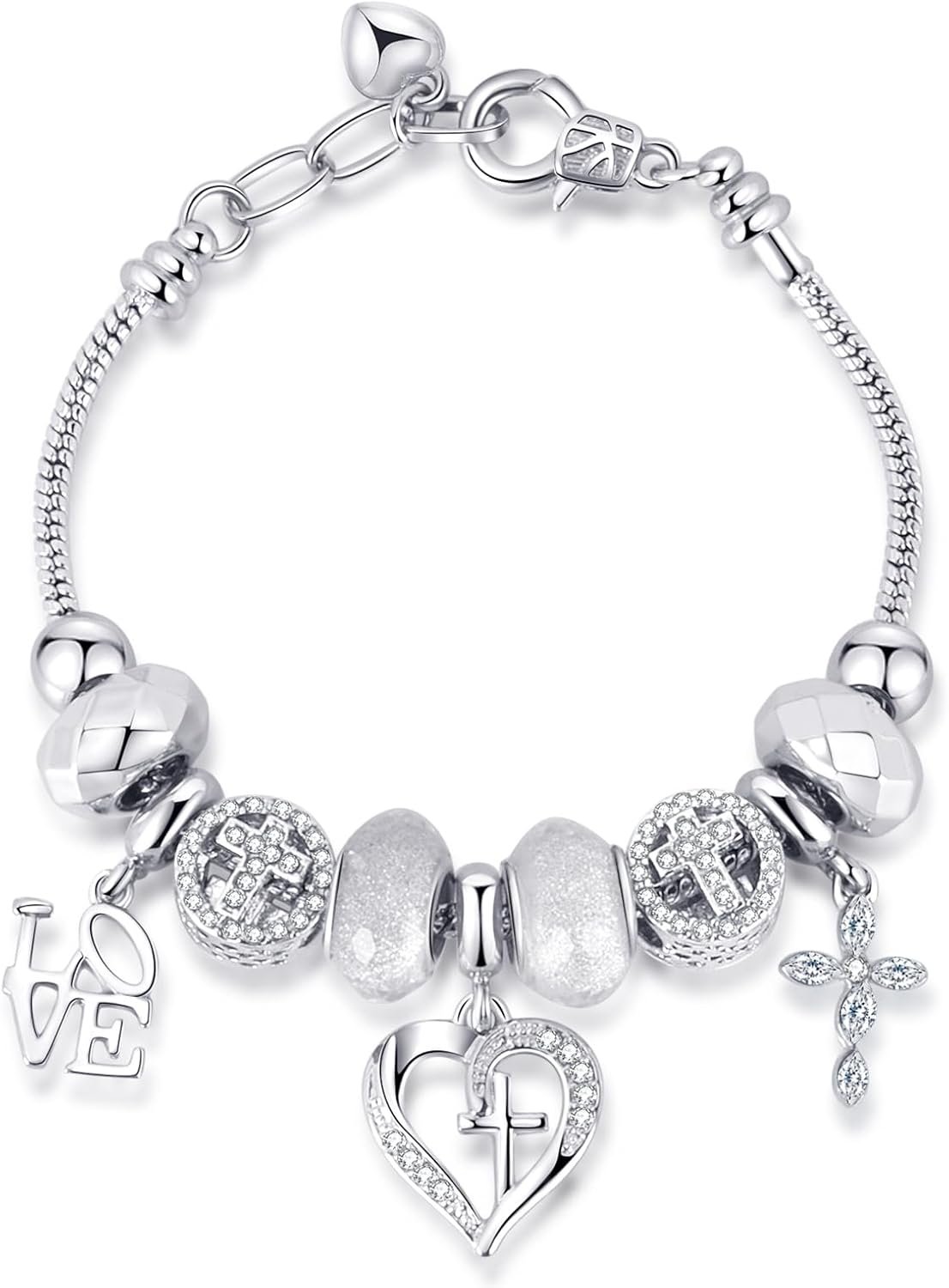 Charm Bracelet for Women, with Crystal and Heart Shape Glass Beads Sliver CZ Cross Snake Chain Bracelet, Trendy Charm Bracelet Jewelry Valentine’s Day Gifts for Women