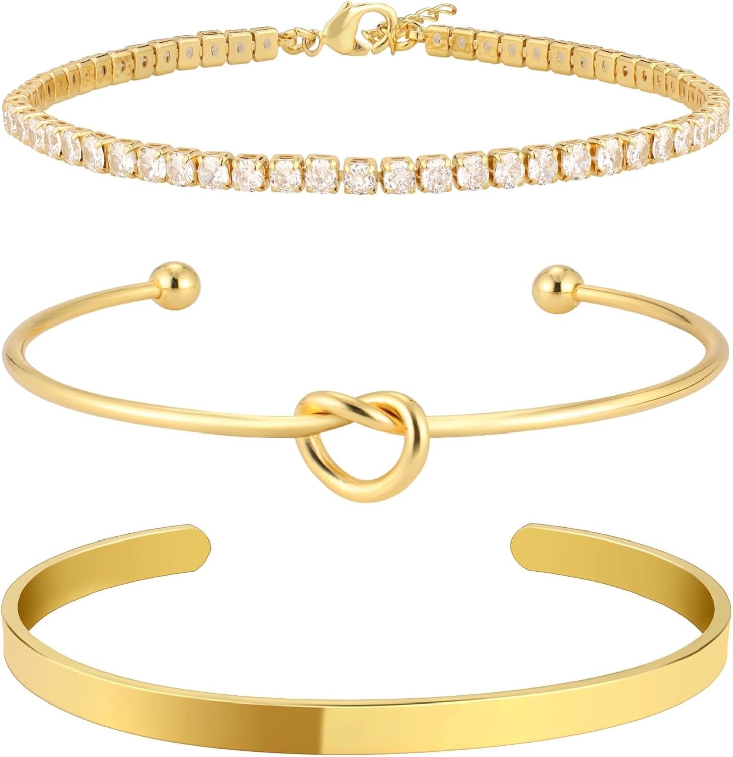 Zalcon Gold Bangle Cuff Knot Bracelet for Women Stack Non Tarnish Gold Plated Cubic Zirconia Tennis Bracelets Jewelry Set for Women Trendy