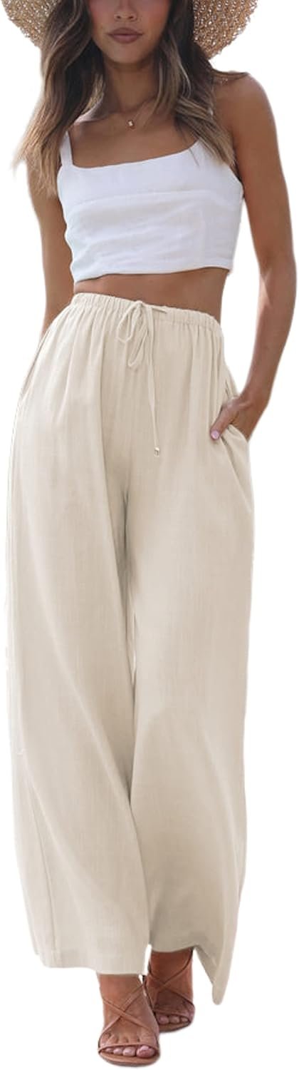 Faleave Women’s Cotton Linen Summer Palazzo Pants Flowy Wide Leg Beach Trousers with Pockets