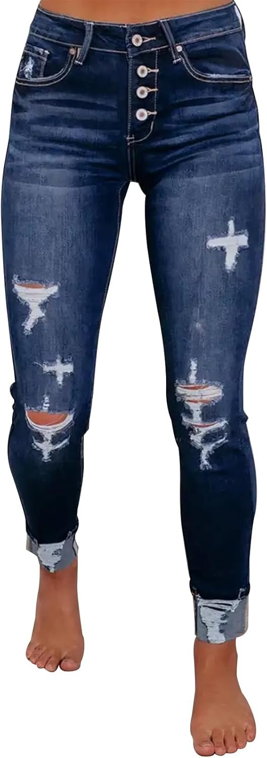 KUNMI Women’s Ripped Skinny Slim Fit Jeans Frayed Distressed Stretchy Denim Pants