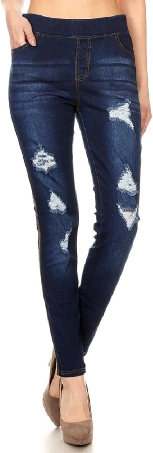Jvini Women’s Stretch Denim Pull On Jeans with Pockets – Ripped Distressed Elastic Waist Jeggings Skinny Denim Pants