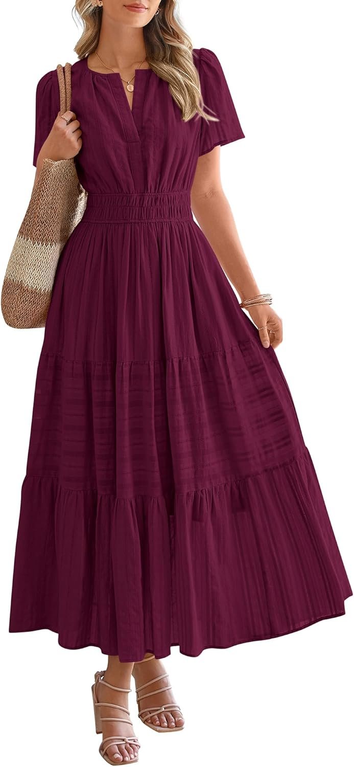 BTFBM Womens Summer 2026 Casual Midi Maxi Dresses Lightweight Short Sleeve V Neck Elastic Waist Boho Beach Dress Pockets