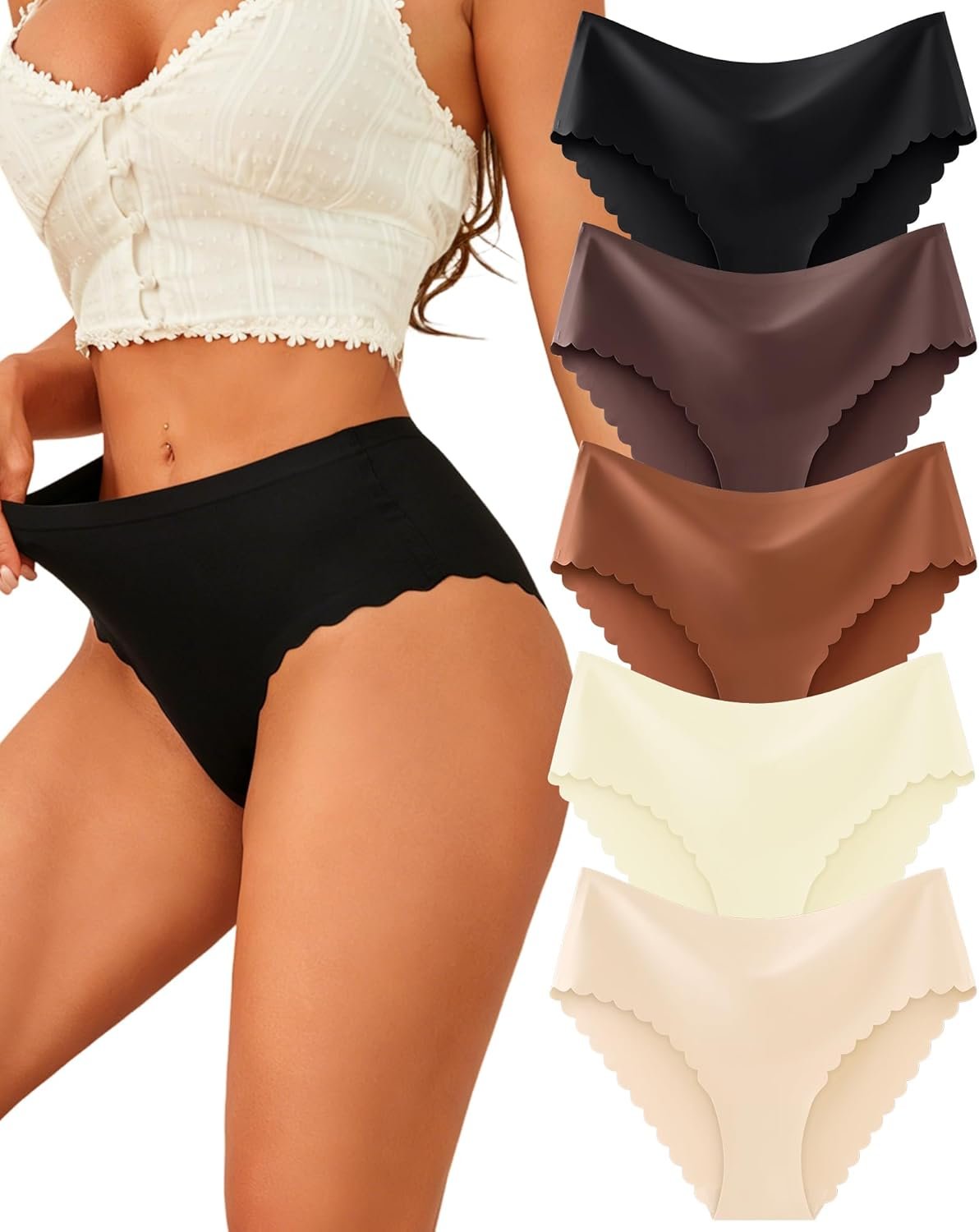 FINETOO Seamless Underwear for Women High Waisted Panties Scalloped Edge Sexy Cheeky Bikini No Show Briefs S-XXL 5 Pack
