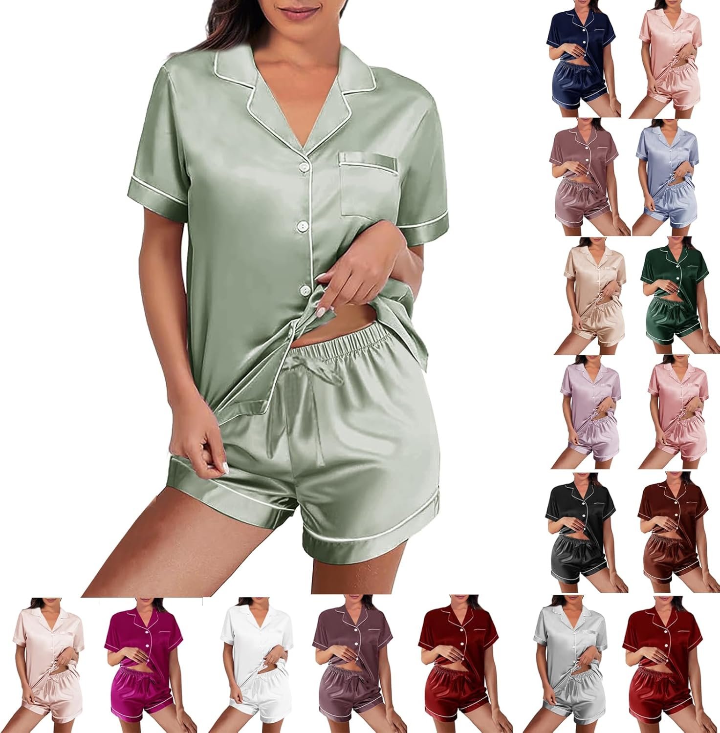 WJing Yi Jia Womens Silk Satin Pajamas Loungewear Two-Piece Sleepwear Button-Down Floral Pj Set XS-4XL
