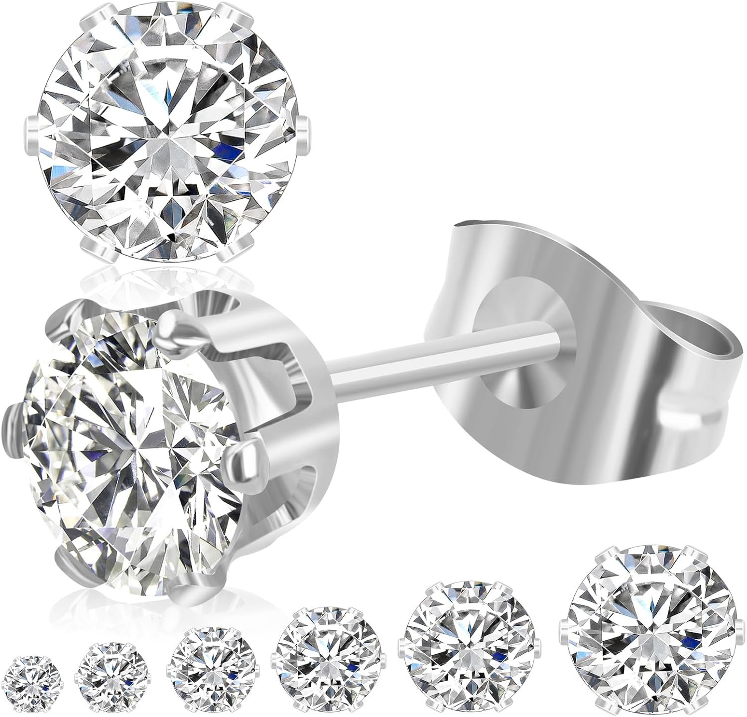 6 Pairs Stud Earrings for Women, 3-8mm Stainless Steel Cubic Zirconia Earrings Set, 14K Silver/Gold Hypoallergenic Flat Back Earring for Sensitive Ears, Jewelry Gift Idea