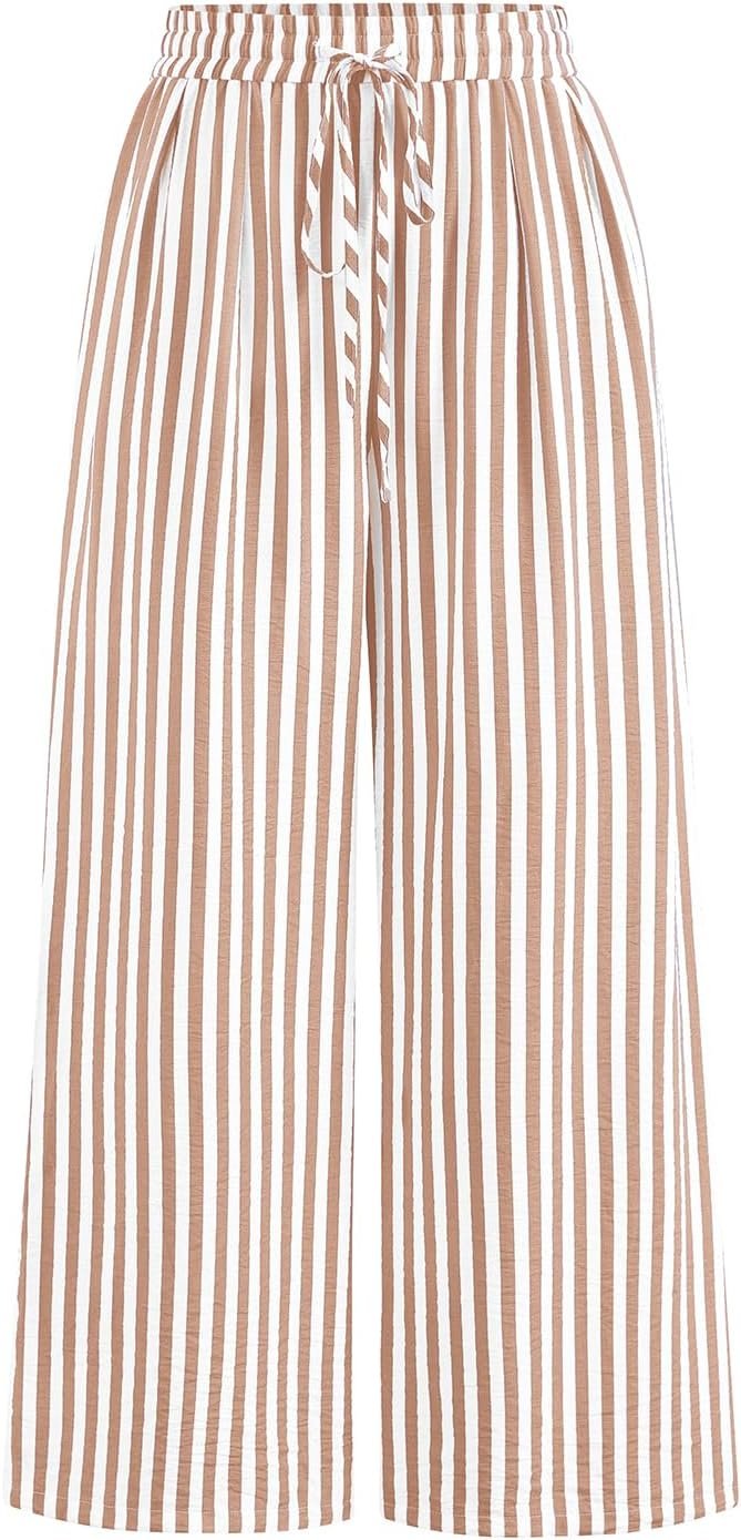 PRETTYGARDEN Womens Pants Elastic Waist Floral Lightweight Palazzo Pants for Women Casual Lounge Wide Leg Pants Woman