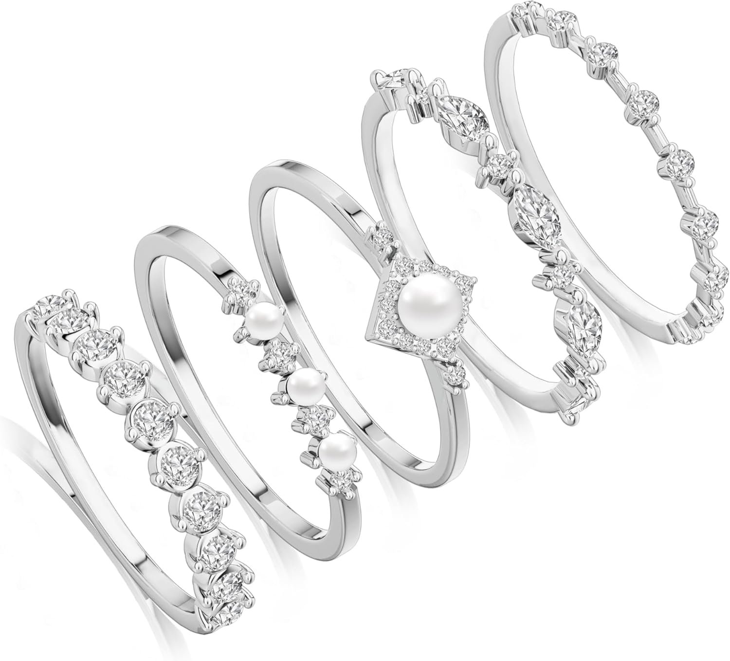 DEARMAY Stackable Silver Plated Rings for Women Non Tarnish, Dainty Sterling Silver Diamond Pearl Rings Set Thumb Fashion Thin Cubic Zirconia Simple Unique Statement Ring Pack Women Jewlery 6/7/8/9/10