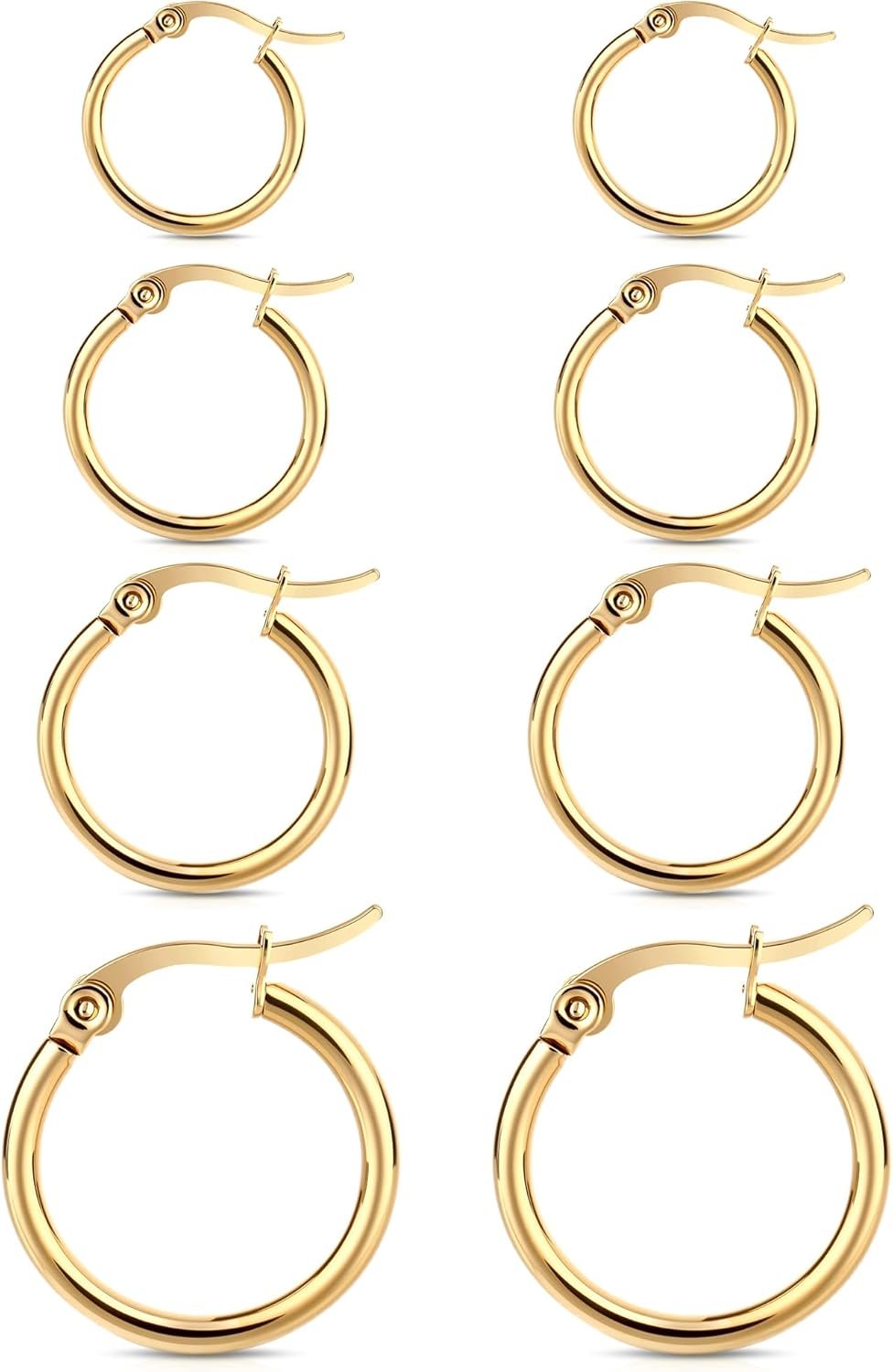 4 Pairs Gold Silver Hoop Earrings for Women Stainless Steel 14K Gold Plated Huggie Earrings Hypoallergenic Lightweight Earring (10-20mm)