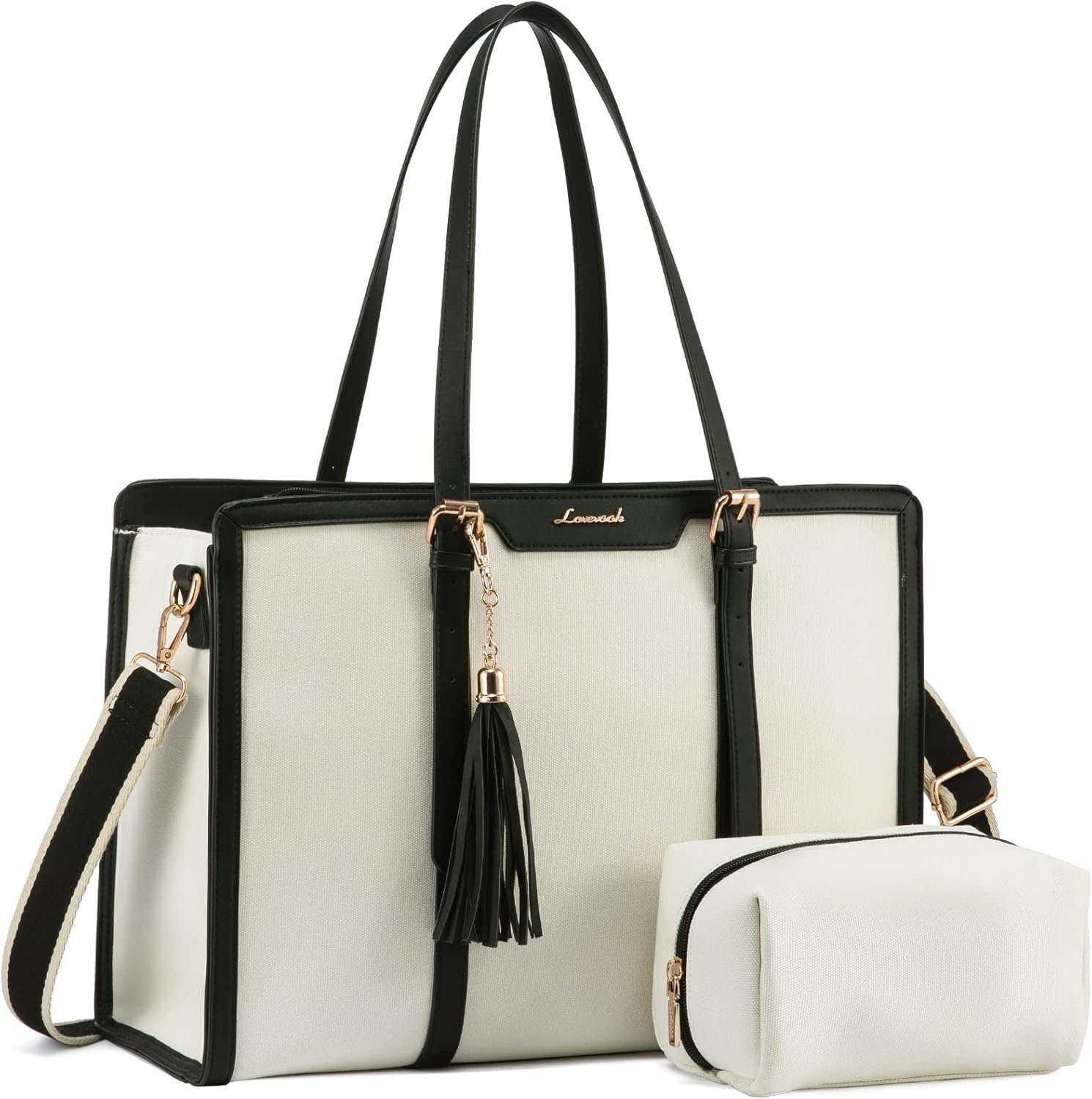 LOVEVOOK Laptop Bag for Women – 17 inch Lightweight Canvas Laptop Tote, Large Capacity Computer Bag with Clutch Purse for Business, Work, Travel, School (Beige & Black, 17 Inch)