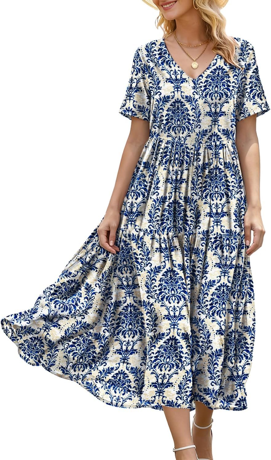 YESNO Women’s Summer Maxi Dresses Casual Floral Short Sleeve V Neck Boho Beach Vacation Swing Dress with Pockets EVF