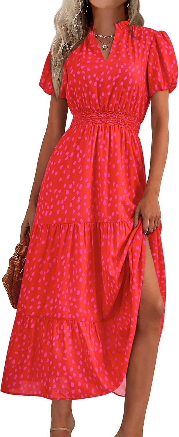 MASCOMODA Summer Maxi Dresses for Women 2026 Casual V Neck Puff Short Sleeve Smocked Flowy Beach Boho Long Floral Dress