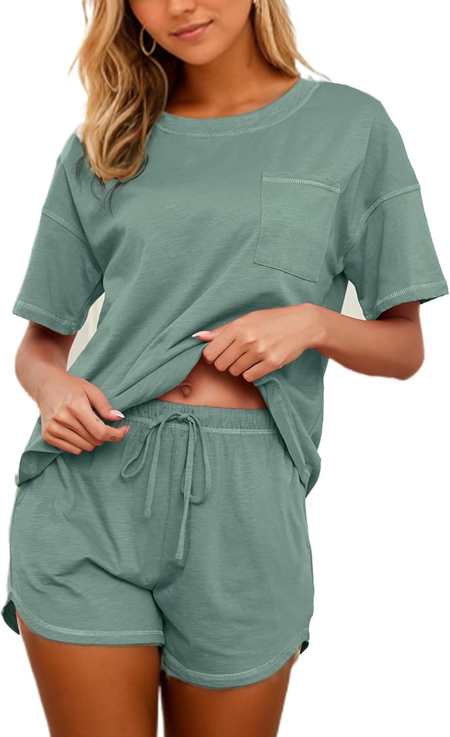 KCW Pajamas for Women Set 2 Piece 100% Cotton Lounge Sets Short Sleeve Top and Shorts Pj Set Sleepwear Outfits