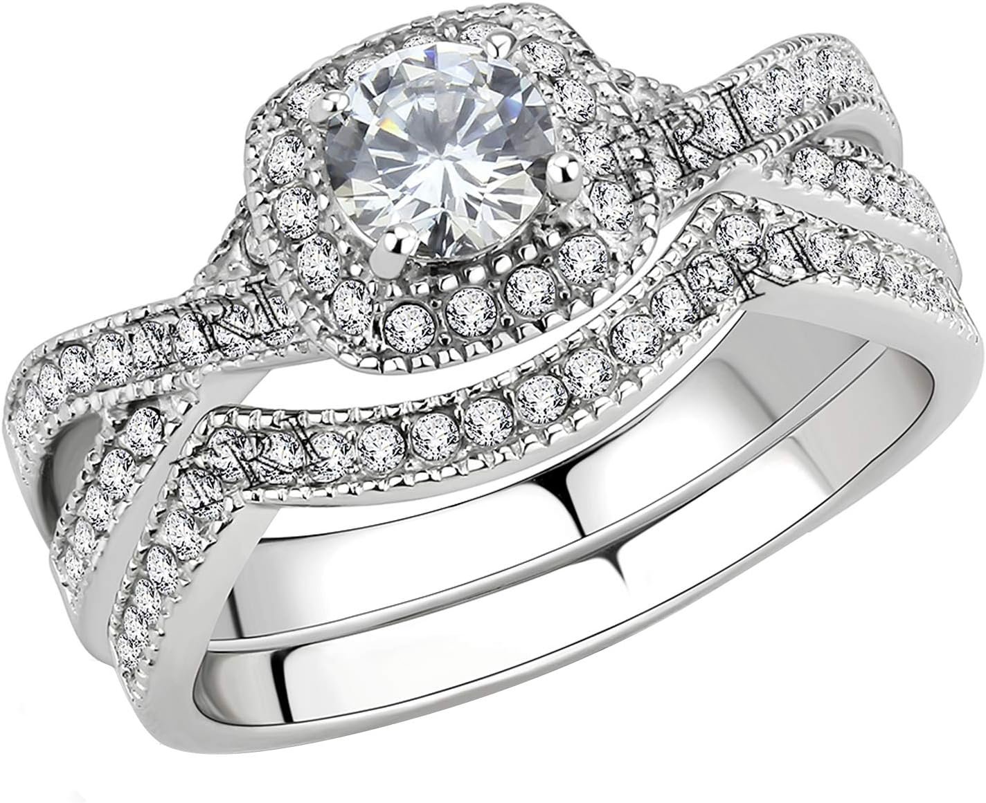 Stainless Steel Rings for Women Infinity Wedding Set Round CZ Cubic Zirconia Halo Engagement Bridal Jewelry Set