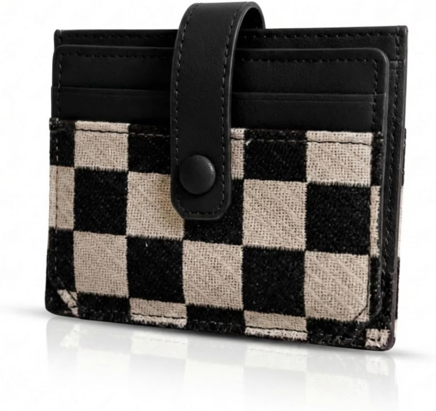 TURBOOST Cute Slim Card Holder Canvas Front Pocket Checkered Wallet, Small Credit Card Case for Women (Black)