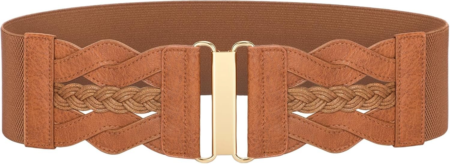 SANSTHS Women Wide Elastic Waist Belt, Vintage Stretchy Belt with Gold Buckle Fashion Women Belt for Dresses Skirts Coats