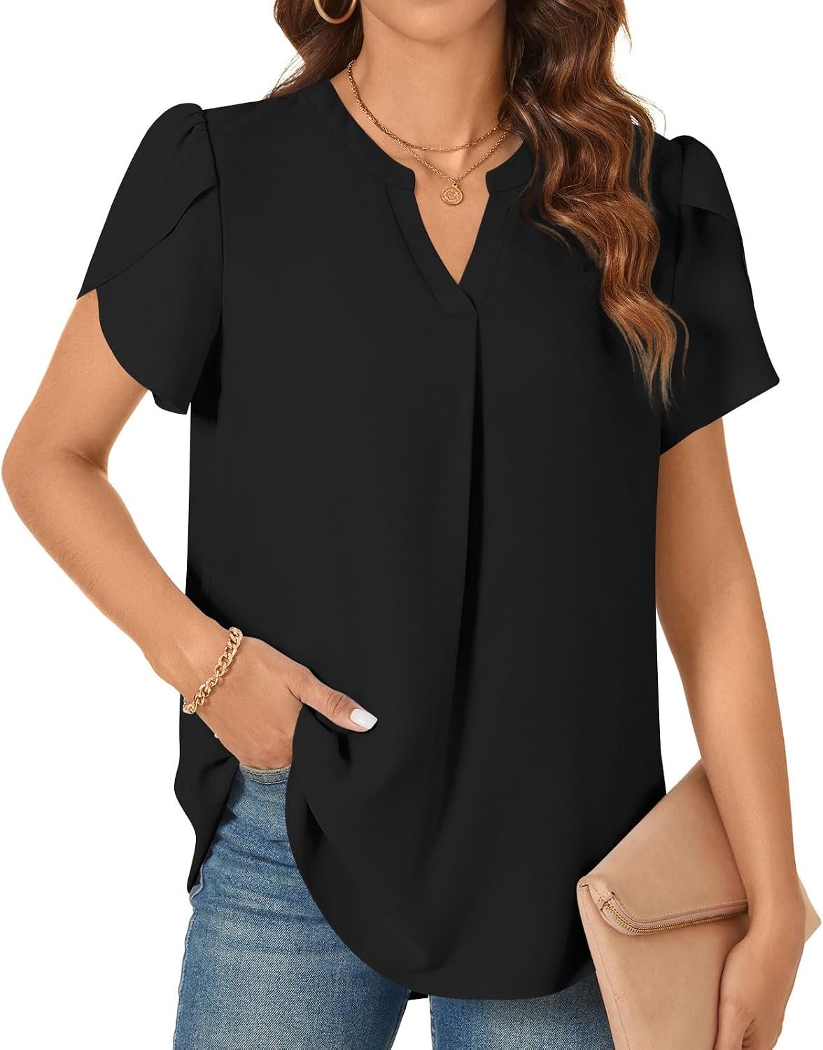 TAOHUADAO Womens Dressy Chiffon Blouses Summer Casual T-shirts Petal Short Sleeve V Neck Tunic Tops for Leggings