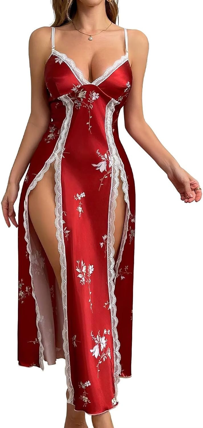 CRIPOM Silk Lingerie Dress for Women Long Sexy Nightgowns for Women Lace Chemise with Thong 2 Piece S-XXL