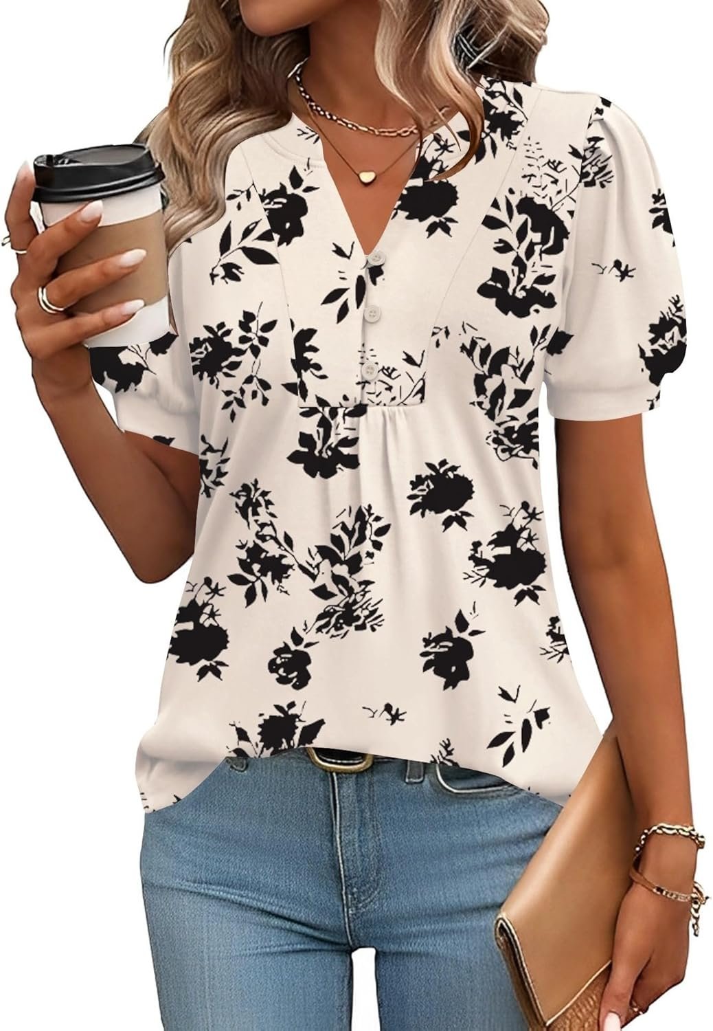 IECCP Womens Tops Puff Short Sleeve Shirts Dressy Casual Henley V-Neck Summer Tops Pleated T-Shirts Loose Fit Tunic Blouses