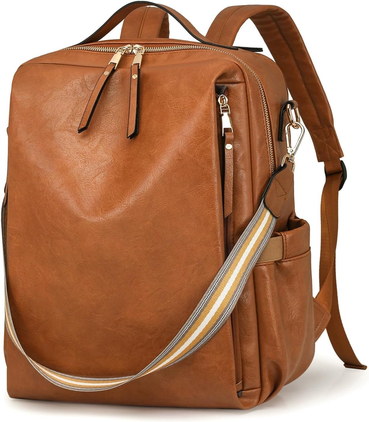 myfriday PU Leather Large Backpack Purse for Women Casual Travel Backpack Convertible Satchel Handbags With Luggage Strap (Brown)