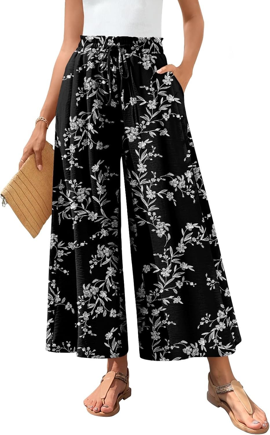Bestbee Women’s Wide Leg Palazzo Pants Dressy Casual Gaucho Pants Elastic Waist with Pockets