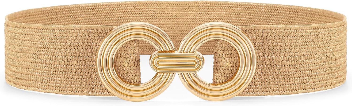 Waist Wow Straw Woven Elastic Belt for Women Fashion Wide Belts Stretchy Boho Belt Ladies Beach Dress Belt with Gold Buckle