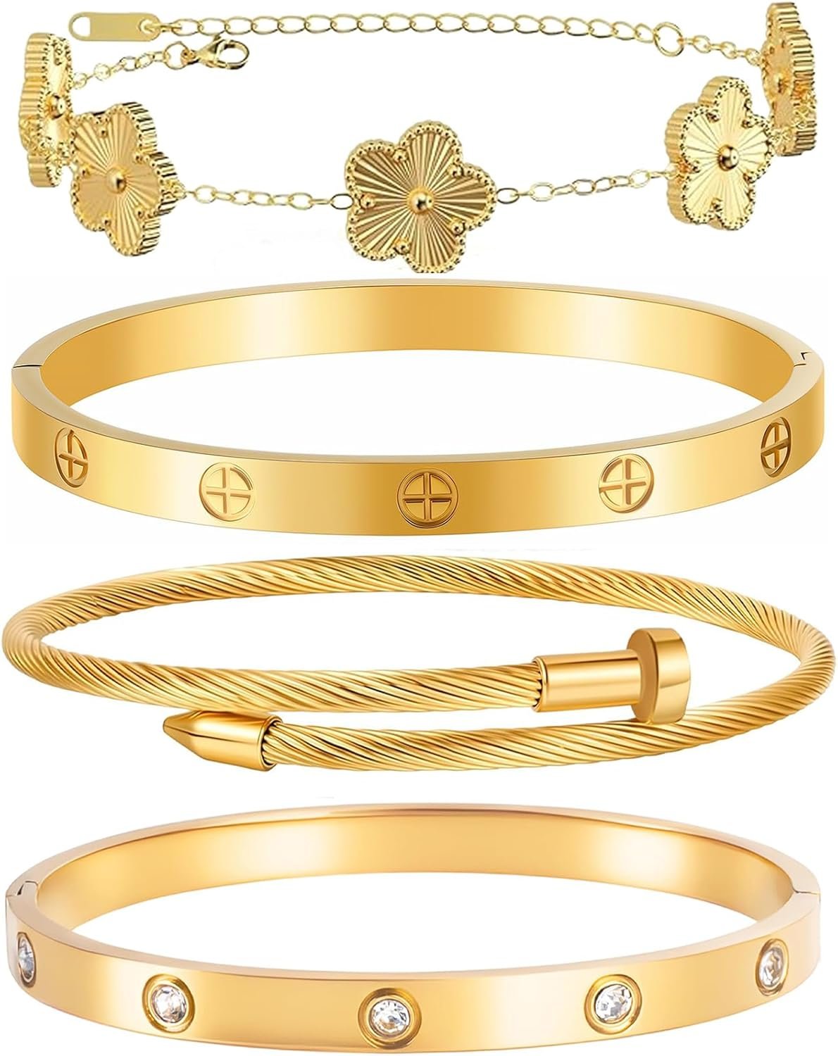 Womens Stackable Floral Gold Bracelets – 4Pcs 18K Gold Plated Bracelet,Stainless Steel Bangle Bracelets Non Tarnish, Gold Bracelet Set Trendy Jewelry,Christmas Valentines Birthday Gifts for Girlfriend
