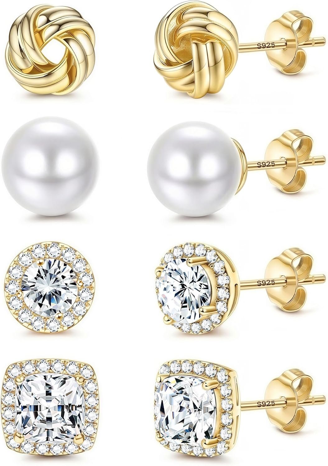 FIBO STEEL Hypoallergenic Stud Earrings for Women – 4Pairs Sterling Silver Earrings 14K Gold Plated Big Simulated Pearl Love Knot Brilliant Cubic Zirconia CZ Halo Stud Earrings for Sensitive Ears